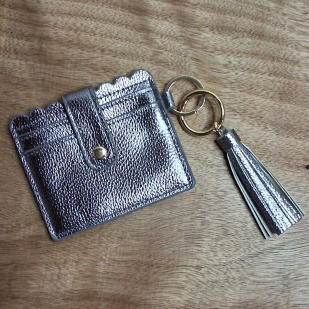 Metallic Pewter Card Holder with Key Chain Clip W/Tassel